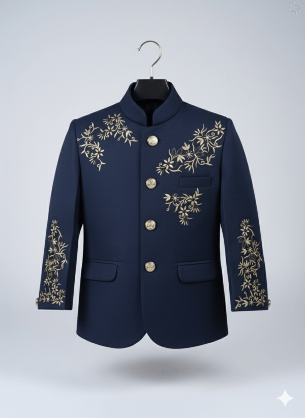 Kids Embroidered NavyBlue Jacket with Gold Floral Embroidery