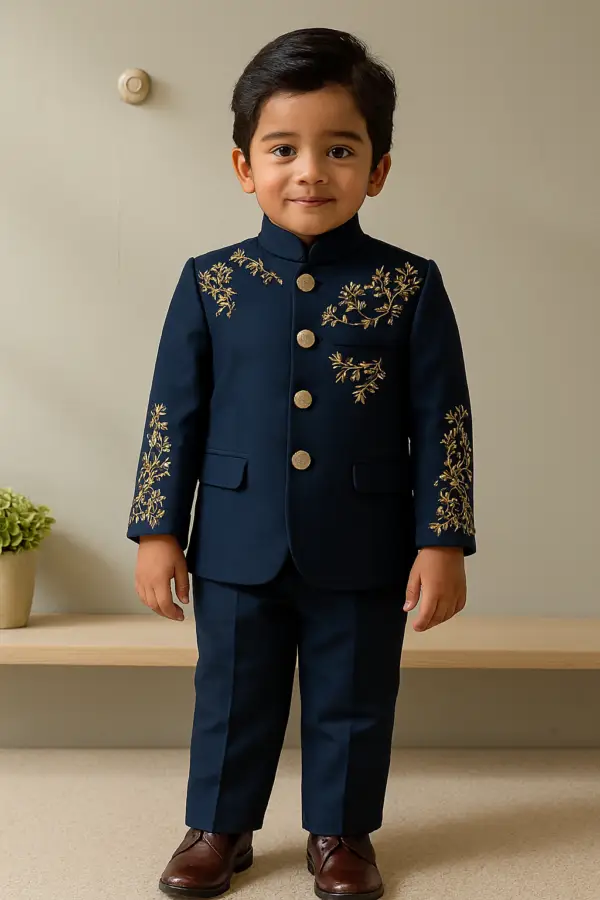 Kids Embroidered NavyBlue Jacket with Gold Floral Embroidery