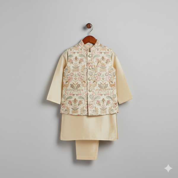 Ivory Embroidered Kurta Pajama Set for Boys