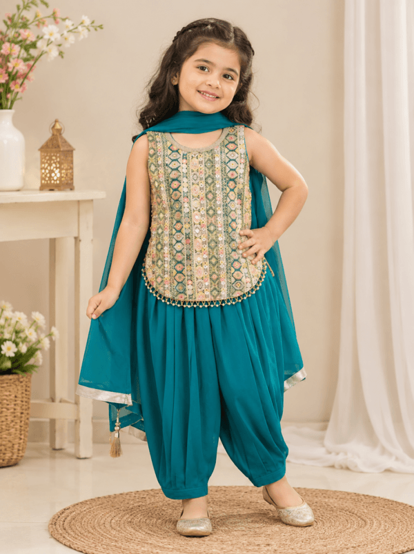 Teal blue Embroidered Patiyala suit