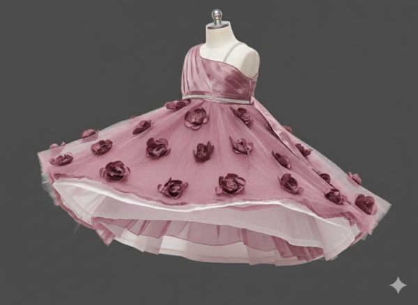 Mauve One-Shoulder Girl’s Dress – Floral Applique