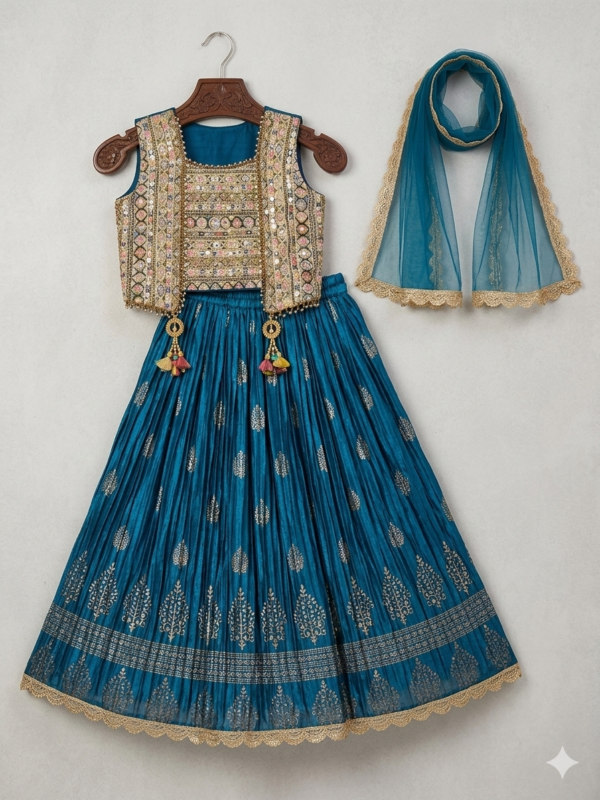 Teal Blue Embroidery Lahanga