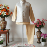 cream kurta pajama with nehru jacket for boys wedding festive outfit