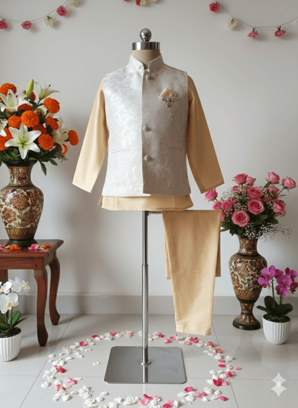 cream kurta pajama with nehru jacket for boys wedding festive outfit
