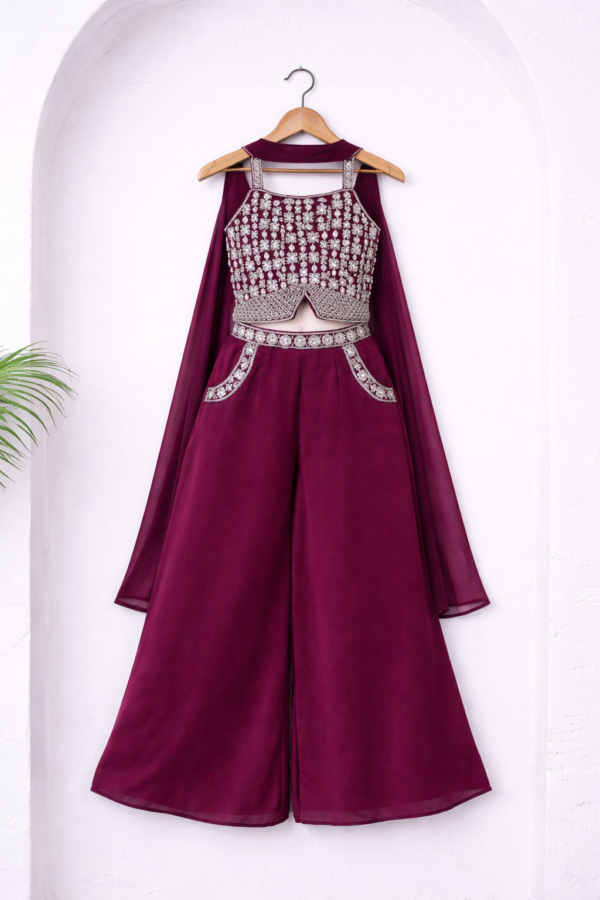 Wine Embroidered Girls Palazzo Set with Cape Dupatta Festive Wear
