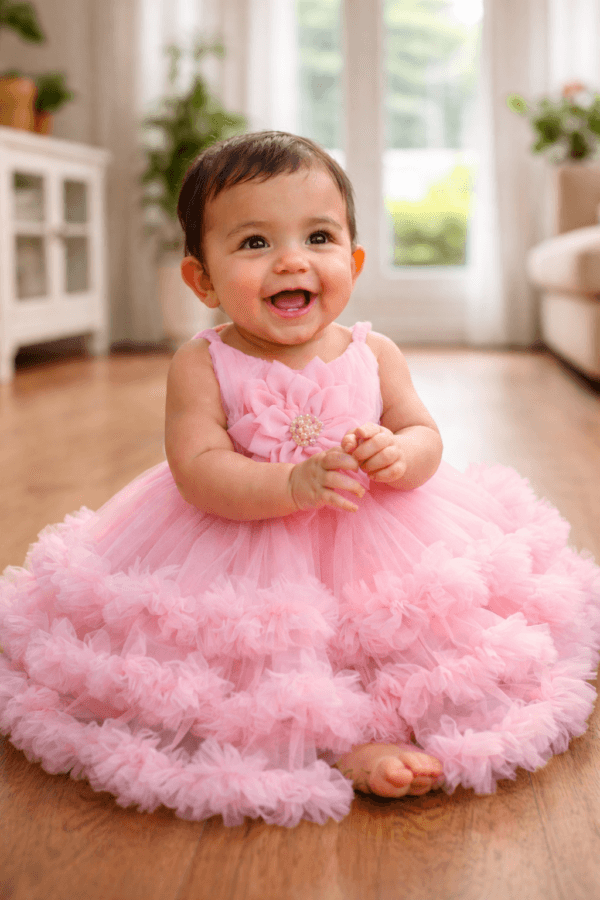 Pink Party Frock for Girls with Pearl Embellishment