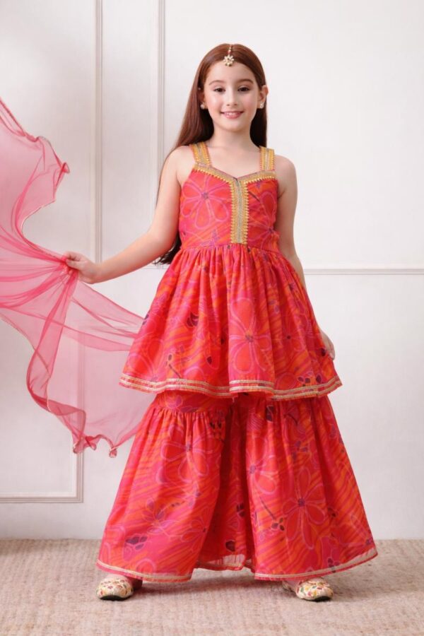 Rani Pink Peplum Sharara Set for Girls with Dupatta