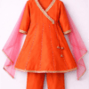 orange angrakha kurta set for girls haldi outfit with pink dupatta