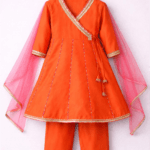 orange angrakha kurta set for girls haldi outfit with pink dupatta