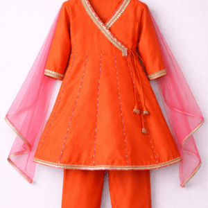 orange angrakha kurta set for girls haldi outfit with pink dupatta