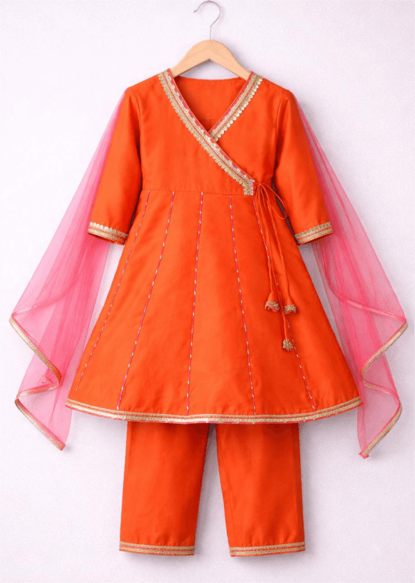 orange angrakha kurta set for girls haldi outfit with pink dupatta