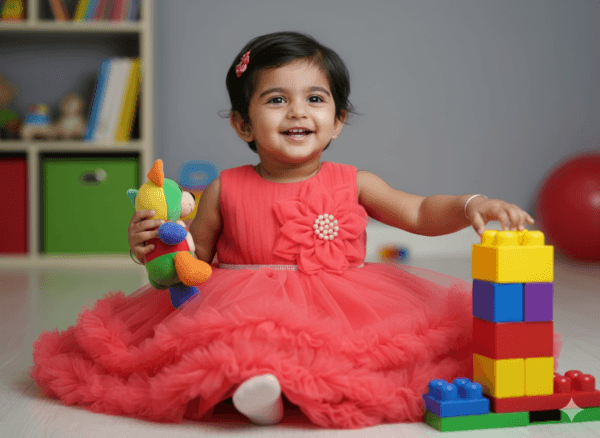 Coral Pink Party Frock for Girls with Pearl Tulle