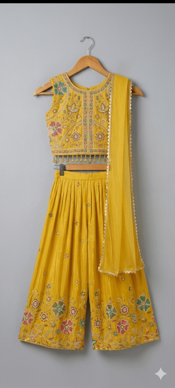 Yellow Embroidered Crop Top Palazzo Set with Dupatta
