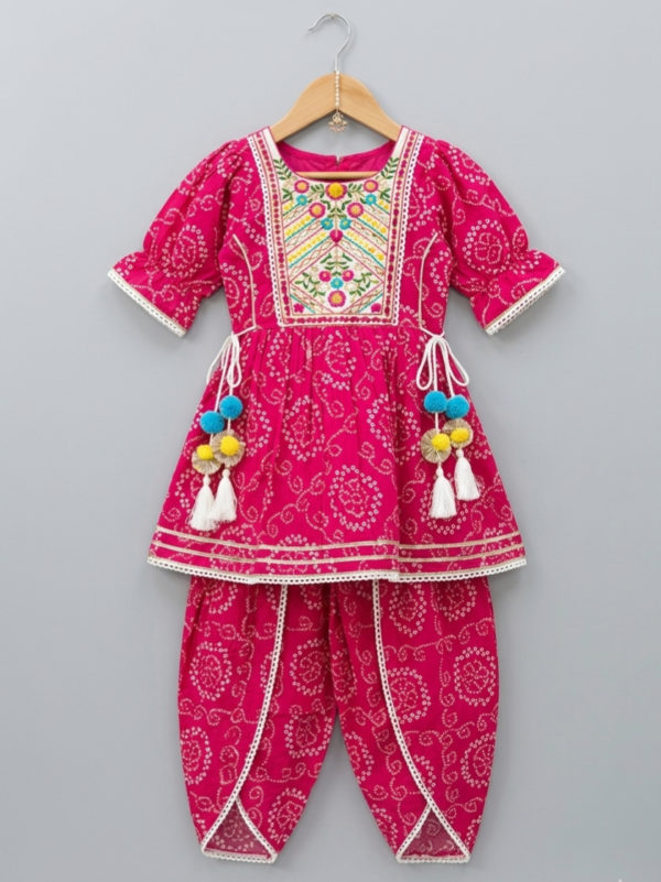 Rani Pink Floral embroidered cotton kurta set for girls