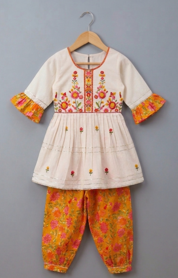 Ivory Embroidered Kurta with Yellow Floral Dhoti Pants – Festive Ethnic Set