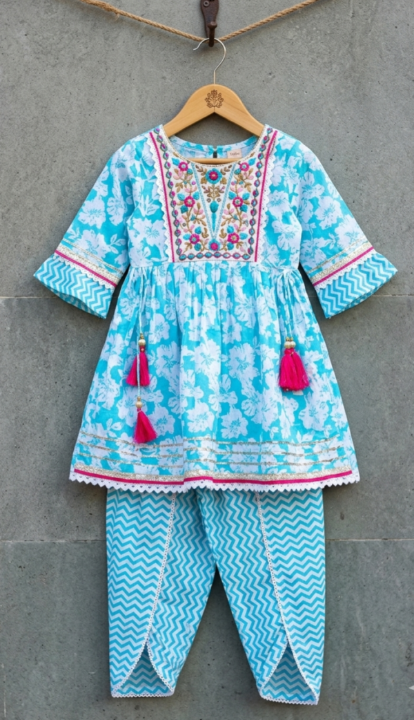 Sky Blue Floral Kurta Dhoti Set with Tassels for Girls