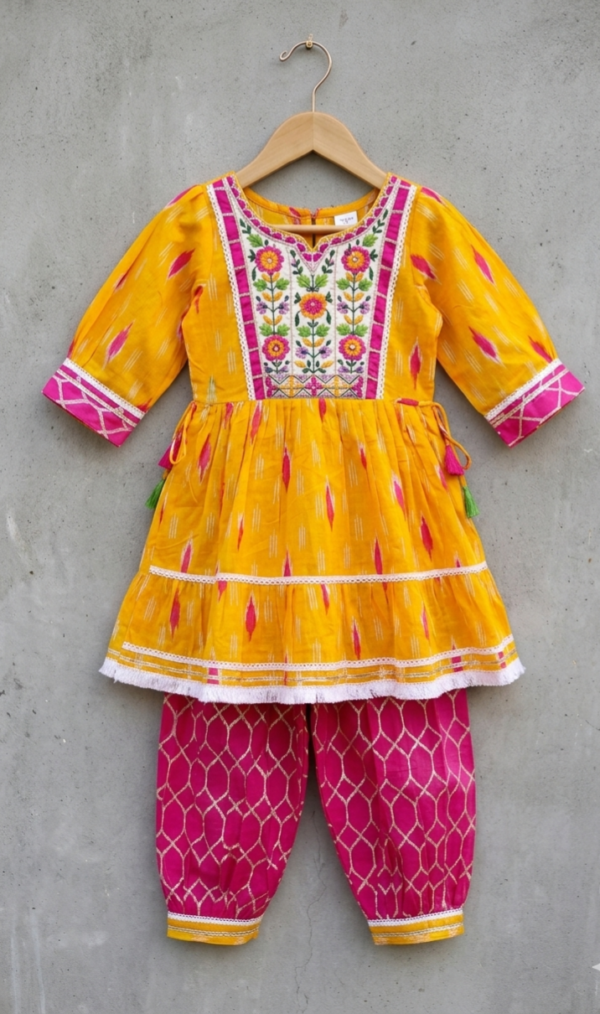 Yellow Embroidered Kurta with Pink Dhoti Pants – Haldi Special Ethnic Set for Girls