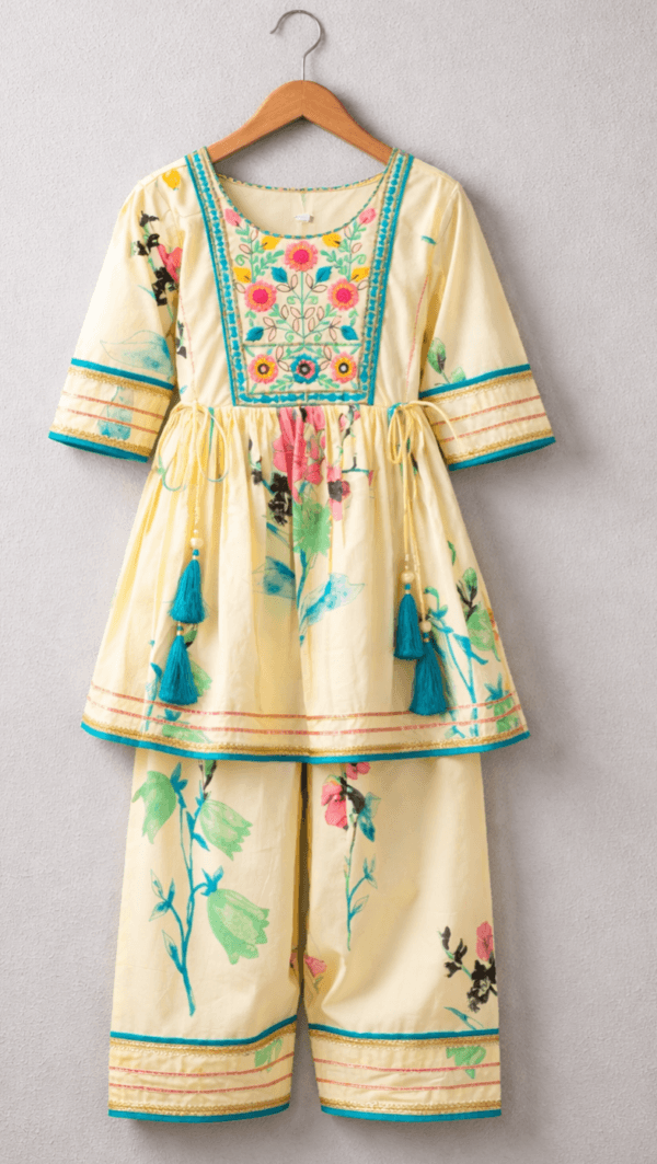 Butter Yellow Floral Kurta Pant Set with Embroidery & Tassels – Girls Festive Wear
