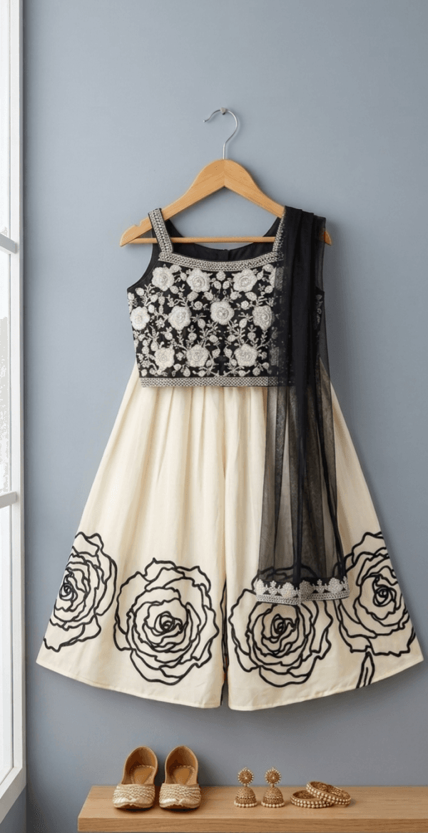 Black & White Designer Crop Top Palazzo Set with Cape Dupatta