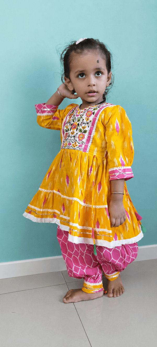 Yellow Embroidered Kurta with Pink Dhoti Pants – Haldi Special Ethnic Set for Girls