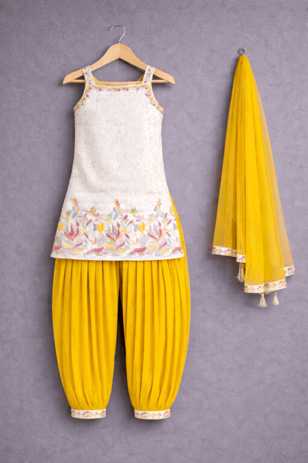 White & Yellow Printed patiyala suit with Dupatta