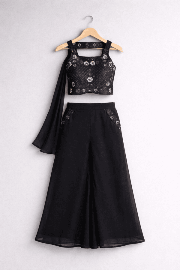 Black Embroidered Crop Top Palazzo Set with Dupatta