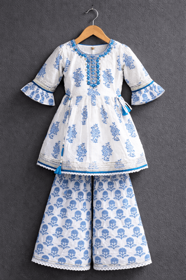 Ivory Blue Printed Kurta Sharara Set – Kids Floral Ethnic Wear