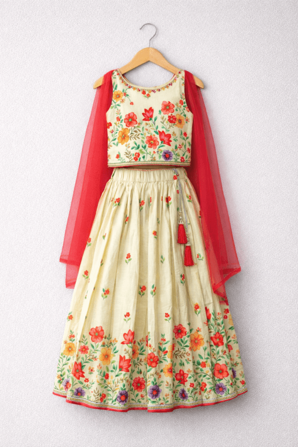 Cream Floral Printed Lehenga Choli Set with Red Dupatta