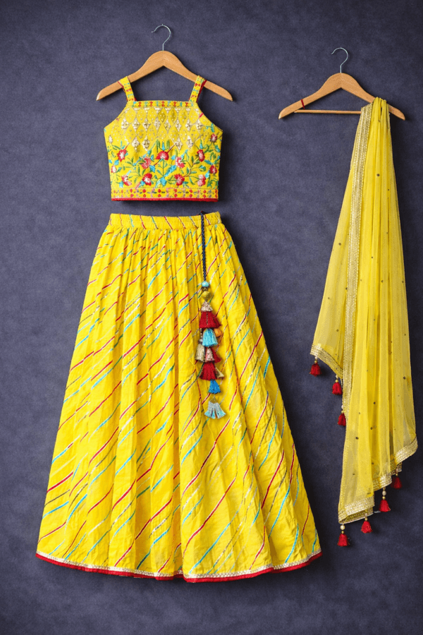 Yellow Floral Embroidered pure cotton Lehenga Choli Set with Dupatta