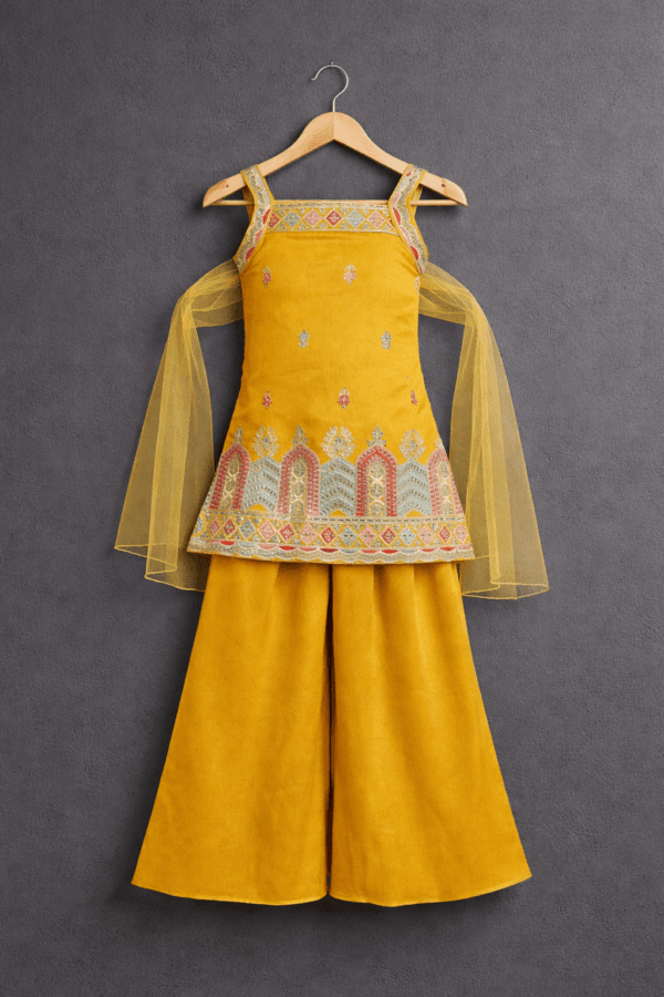 Mustard Yellow Embroidered Kurti Palazzo Set with Dupatta
