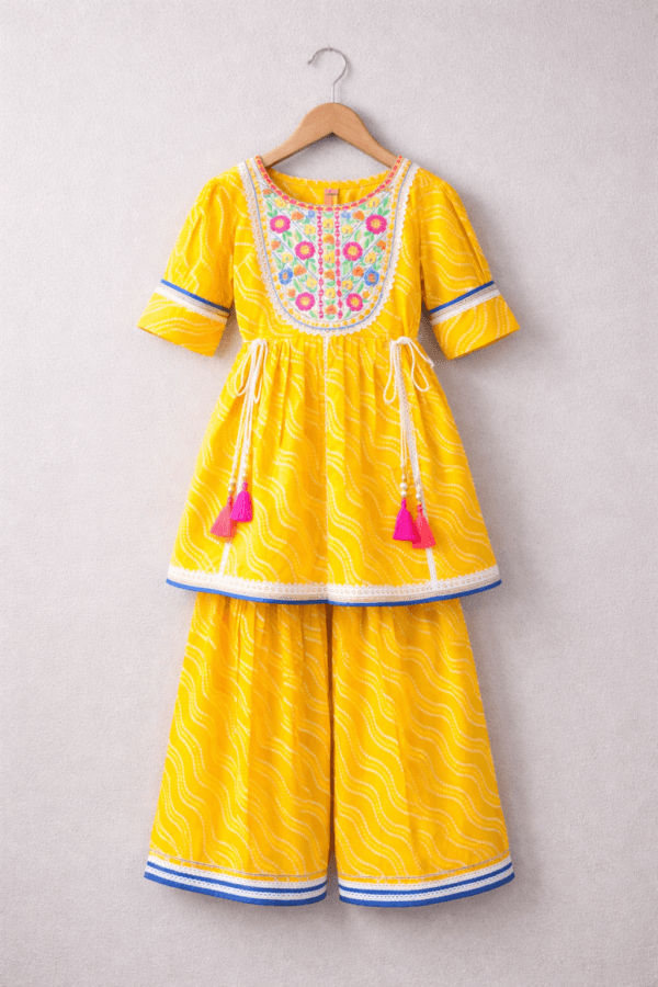 Haldi Yellow Embroidered Kurta Sharara Set with Tassels – Kids Festive Wear