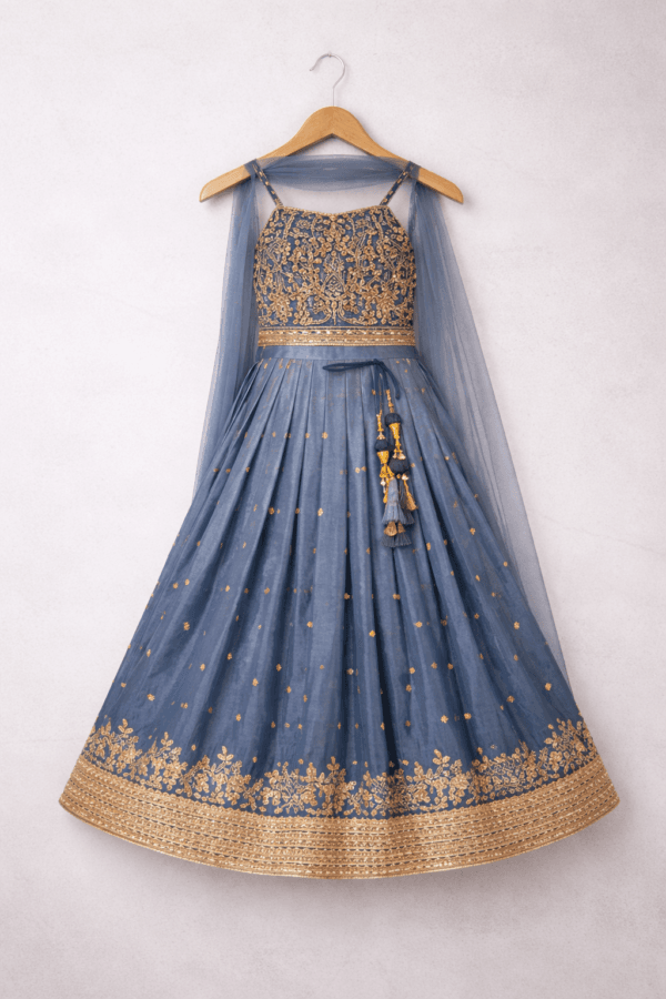 Steel Blue Embroidered Lehenga Choli Set with Dupatta