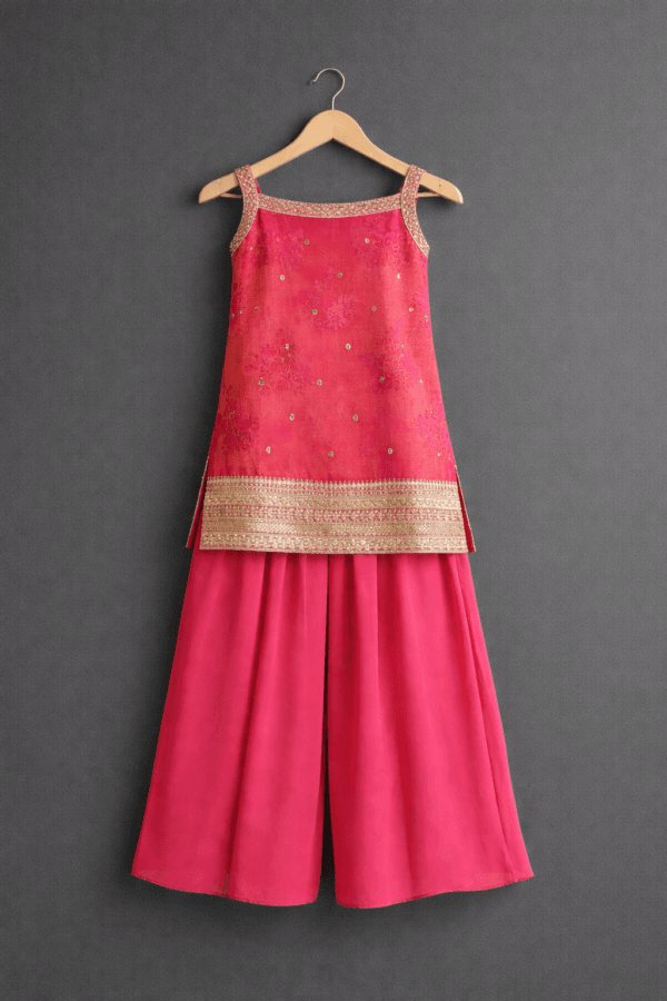 Pink Embroidered Kurti Palazzo Set with Dupatta