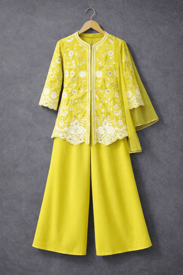 Lime yellow Floral Embroidered Kurta Sharara Set with Dupatta