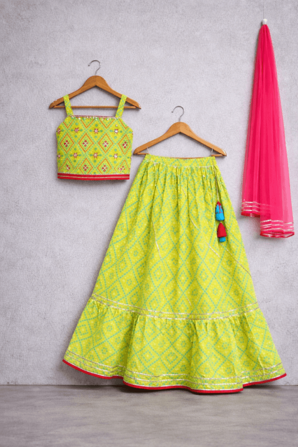 Lime Green Festive Lehenga Choli Set with Pink Dupatta