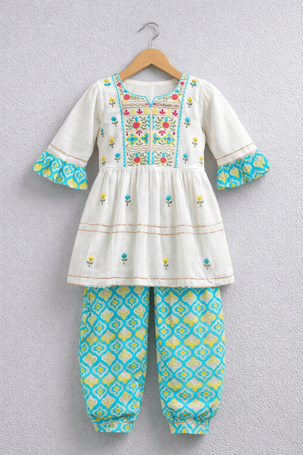 Off white Embroidered Kurta with Blue Dhoti Pants – Kids Festive Ethnic Wear
