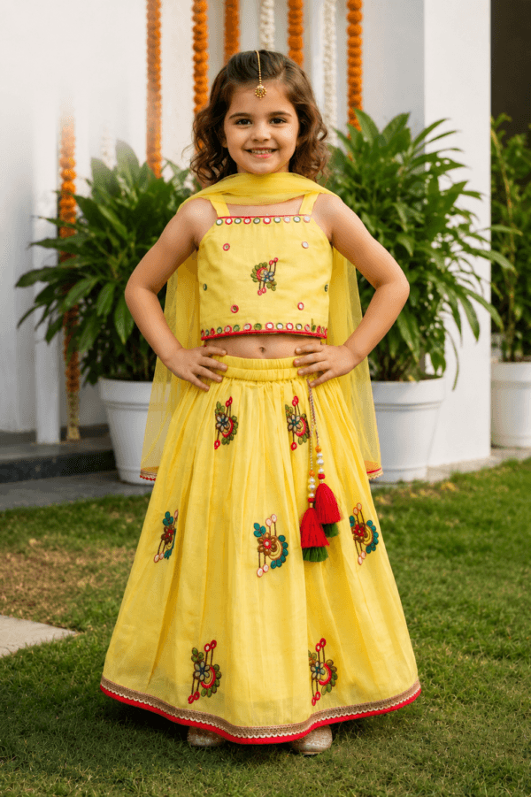 Yellow Floral embroidery mul Cotton lehenga choli