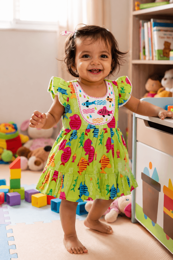 Colorful Fish Print Flutter Sleeve Dress for Baby Girls | STITCHKAA