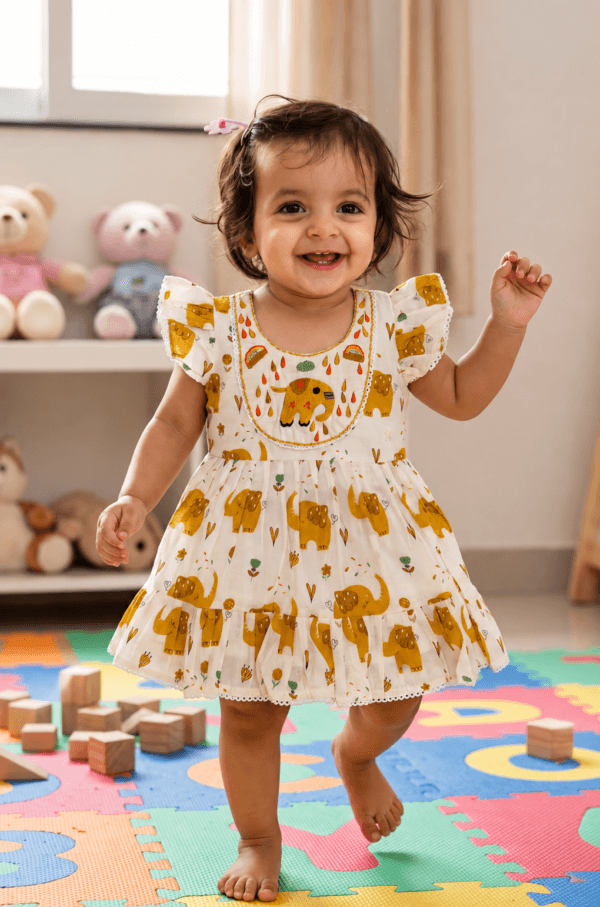 Ivory White Elephant Print Dress for Baby Girls | STITCHKAA