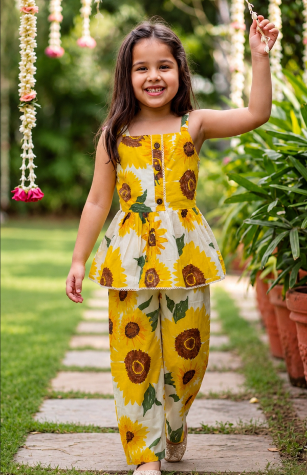 Sunflower Print Cotton Co-Ord Set for Girls | STITCHKAA