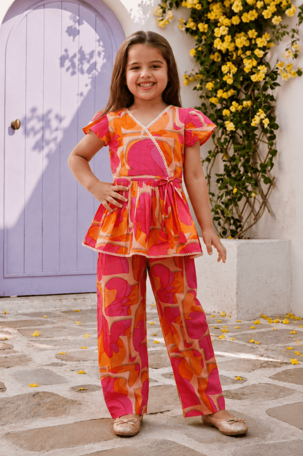 Pink & Orange Abstract Print Co-Ord Set for Girls