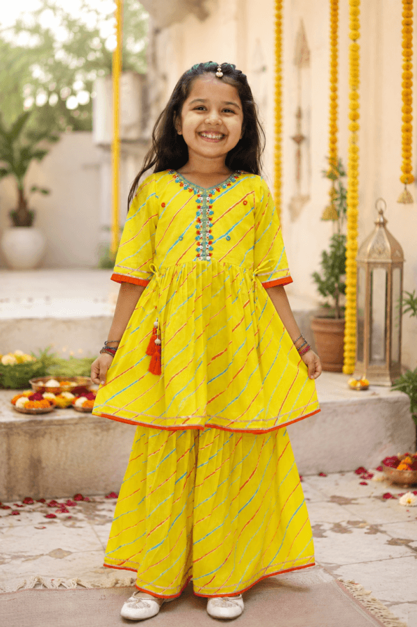 Yellow Leheriya Kurta Sharara Set for Girls | STITCHKAA