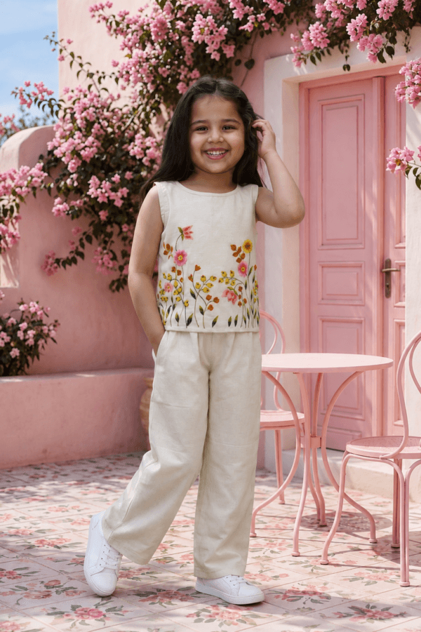 Ivory White Handpainted Floral Co-Ord Set for Girls | STITCHKAA