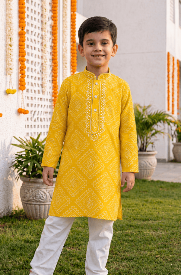 Yellow Bandhani Printed Kurta Pajama Set for Boys | STITCHKAA