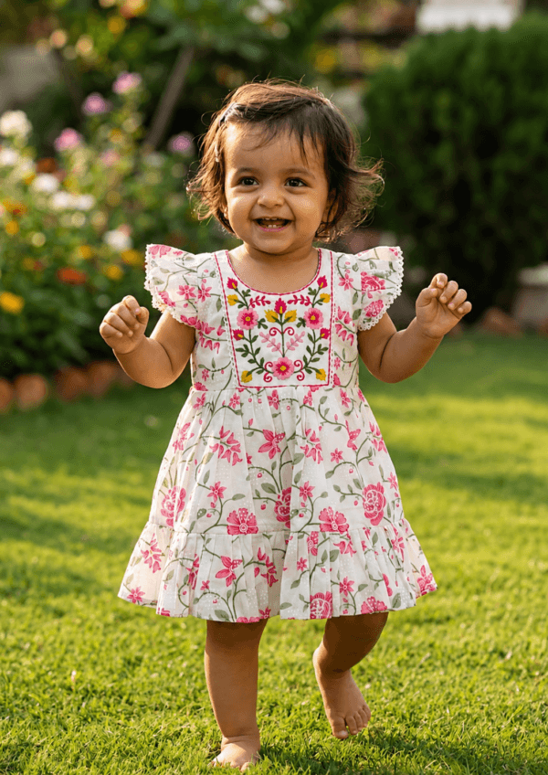 Pink Floral Embroidered Flutter Sleeve Dress for Baby Girls | STITCHKAA