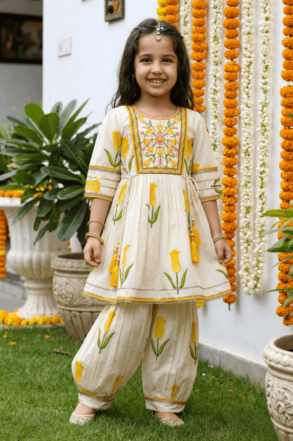 Cream Floral Print Kurta Dhoti Set for Girls | STITCHKAA