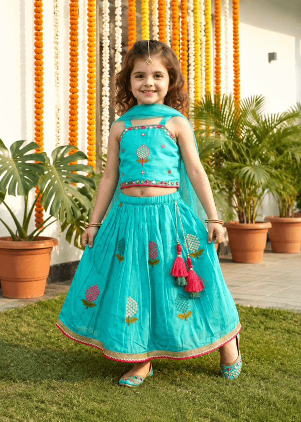 Turquoise Blue Embroidered Lehenga Choli | STITCHKAA