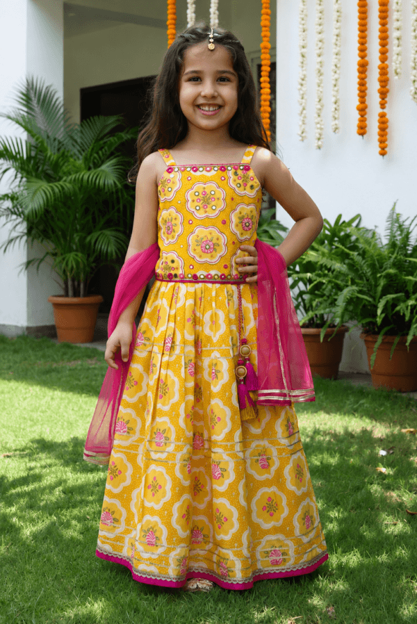 Yellow floral Lehenga Choli Set for Girls | STITCHKAA