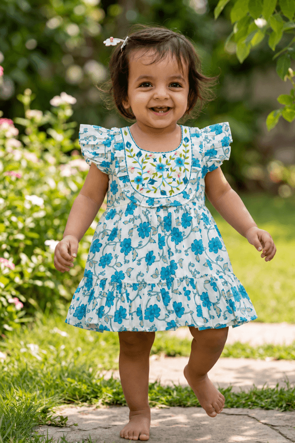 Blue Floral Embroidered Flutter Sleeve Dress for Baby Girls | STITCHKAA