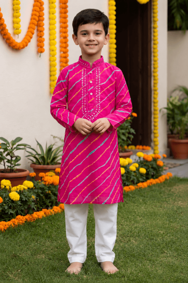 Pink Leheriya print Kurta Pajama Set for Boys | STITCHKAA